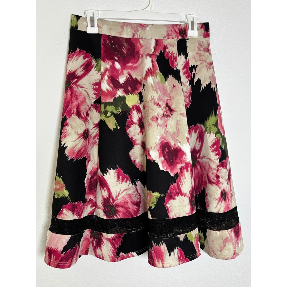 Faith and Joy Los Angeles Floral A-Line Skirt Pink Black Lace Trim Medium
